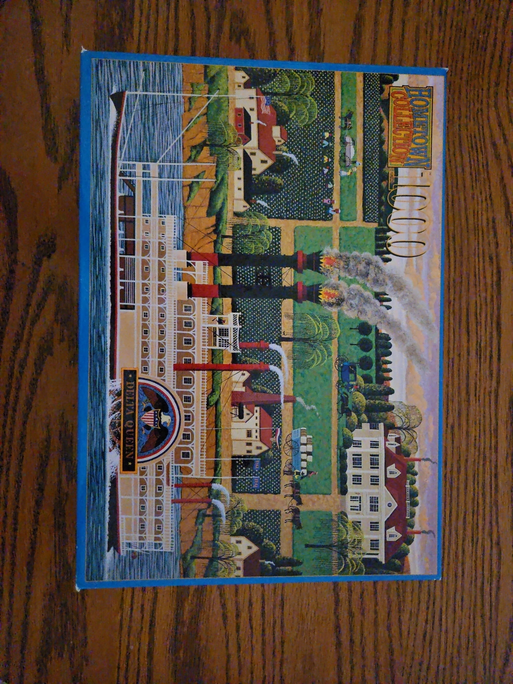 Vintage Puzzle Box with Riverboat Illustration - Multicolor
